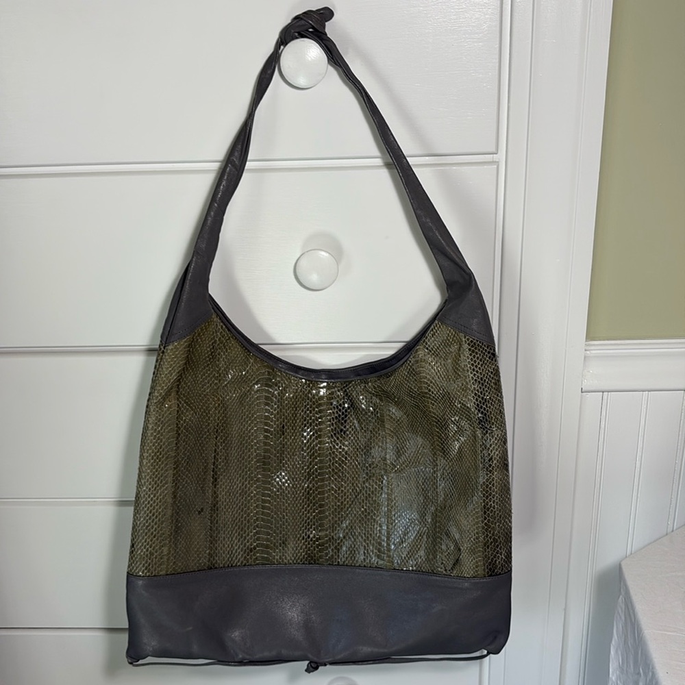 Vintage Gimbels Shoulder Hobo Bag Green Faux Snake and Gray